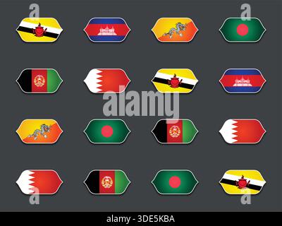 Ensemble de divers drapeaux en forme isolé sur fond sombre Illustration de Vecteur