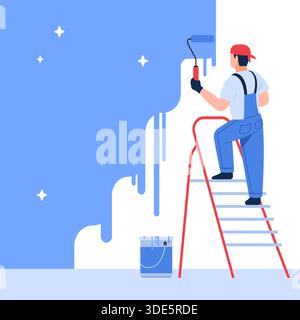 L'ouvrier peint les murs. Réparateur en salopettes, rouleau et peinture bleue, processus de rénovation de la maison, peintre sur escabeau, changement intérieur, rafraîchissement de la chambre, ti Illustration de Vecteur