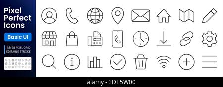 Jeu d'icônes Web et de ligne de communication. Utilisateur, téléphone, courrier, emplacement, maison illustrations vectorielles minimales. Signes simples pour nous contacter, interface utilisateur de base Illustration de Vecteur