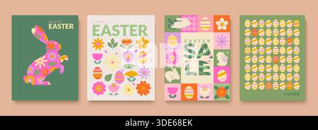 Flyers printaniers pour Pâques. Cartes de voeux et de vente pour de joyeuses vacances avec des symboles de lapin de Pâques, œufs, fleurs. Modèle pour la conception, web, bannières, affiches, médias sociaux, ventes. Illustration vectorielle Illustration de Vecteur