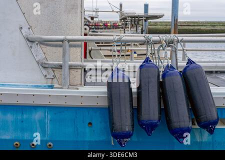Les bouées d'amarrage noires et bleues sont attachées à la rambarde sur le flanc d'un bateau de pêche commerciale Banque D'Images