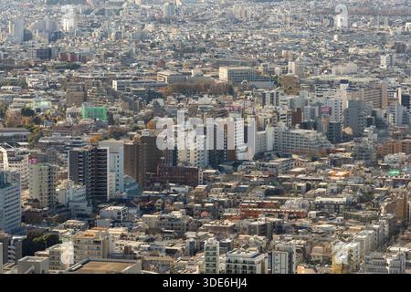 Le paysage urbain dense de Tokyo, vu d'en haut, illustre l'étalement urbain. L'image capture l'immensité de la ville, avec des bâtiments s'étendant à l'horizon Banque D'Images