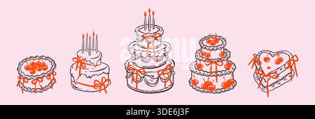 Ensemble de gâteaux d'anniversaire de crayon de doodle dessinés à la main avec de mignons noeuds roses, décoration de cerise, glaçage. Fête de bachelorette, Saint Valentin, mariage vintage fantaisie Illustration de Vecteur