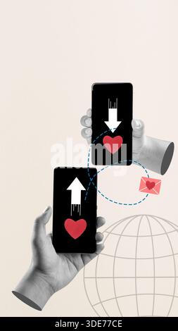 Deux mains tiennent des smartphones et s'envoient des messages d'amour l'un à l'autre via Internet, illustrés par des coeurs et une enveloppe. Collage CON Banque D'Images