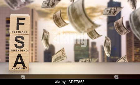 Blocs de bois empilés indiquant « FSA » avec des billets d'un dollar tombant. Concept de compte de dépenses flexible (FSA) Banque D'Images