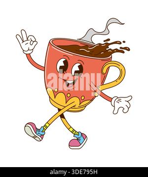 Personnage de boisson de tasse de café groovy de dessin animé rétro Illustration de Vecteur