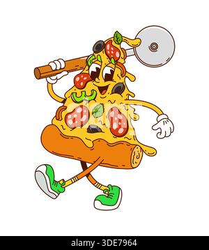 Personnage de tranche de pizza de restauration rapide hippie groovy Illustration de Vecteur