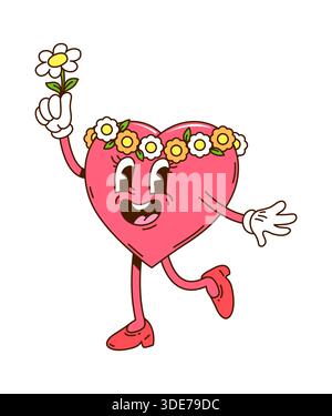 Dessin animé groovy valentine Heart personnage et Marguerite Illustration de Vecteur