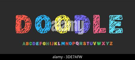 Crayon alphabet anglais. Police audacieuse et ludique avec crayon de cire et gribouillage au crayon. Police enfants. Illustration vectorielle. Illustration de Vecteur