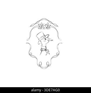 Une oie dans un chapeau dessiné avec une ligne noire, dans le cadre. Banque D'Images