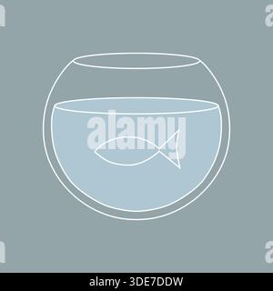 Contour de style craie d'un bol à poisson rond avec un seul poisson dessiné sur un fond carré gris. Illustration de Vecteur