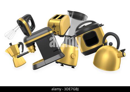 Collection d'appareils de cuisine, y compris mélangeur, grille-pain, mélangeur, pot de moka et bouilloire isolé sur fond blanc. Banque D'Images