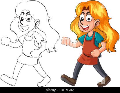 Femme de dessin animé avec de longs cheveux marchant, versions colorées et contours, style vectoriel plat lumineux Illustration de Vecteur