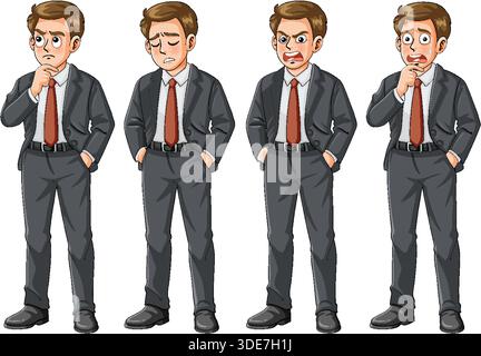 Illustration vectorielle de l'homme d'affaires en costume montrant la pensée, tristes, en colère et des expressions surprises Illustration de Vecteur