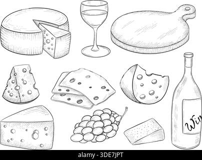 Collection de fromage, brie, camember, parmesan et fromage bleu, assortiment de fromages européens, tranches, dessin de gravure à l'encre noire, isolé, transparent Illustration de Vecteur