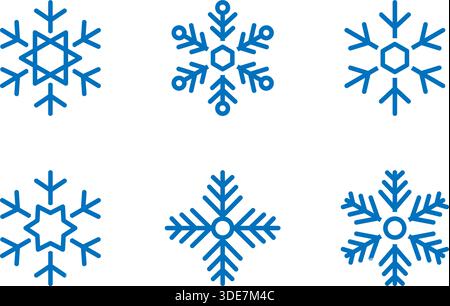 Six icônes de flocon de neige bleu. Ensemble minimal d'illustration vectorielle d'hiver pour Noël, nouvel an et œuvres d'art numériques festives Illustration de Vecteur