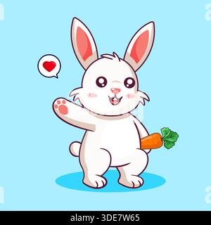 Adorable Cartoon Bunny apportant une carotte et agitant Hello Vector illustration dessin animé Illustration de Vecteur