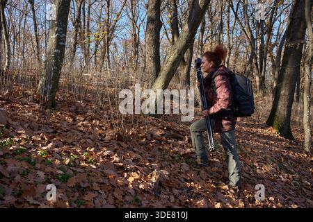 Femme photographe monte la colline à travers la forêt d'automne transportant trépied et sac à dos avec équipement de caméra Banque D'Images
