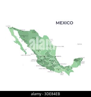 Carte DU MEXIQUE avec les frontières des régions et les villes célèbres Illustration de Vecteur