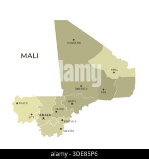 Carte du MALI avec les frontières des régions et les villes célèbres Illustration de Vecteur
