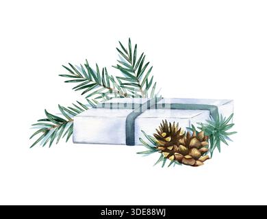 Boîte cadeau blanche ruban vert noué avec des branches d'épicéa et des pommes de pin. Illustration aquarelle festive isolée sur fond transparent. Dessiné à la main Banque D'Images