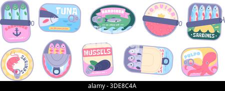 Fruits de mer en canettes. Poisson crevettes poulpe et caviar. Sardines en conserve et thon, moules en boîte. Emballages alimentaires océaniques isolés, conserves alimentaires, vecteur racé Illustration de Vecteur