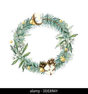 Couronne de Noël de branche d'épicéa, fleurs de coton, pomme de pin et gui, eucalyptus. Branche de pin Evergreen avec des éléments dorés. Aquarelle Banque D'Images