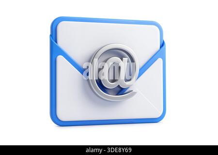 rendu 3d d'une enveloppe de courrier bleu avec un symbole at métallique représentant la communication par e-mail et les bulletins d'information numériques. Banque D'Images