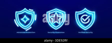 Protection avancée sécurité Premium Cyber Defense Neon Icons Set, garantie de sécurité fiable protection fiable logo Neon, sécurité vérifiée fiable Illustration de Vecteur