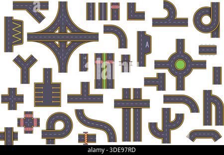 Kit de création de cartes routières. Vue de dessus des éléments d'autoroute, au-dessus du rond-point courbe intersection carrefour chemin de circulation de la ville voie de course asphalte coin kicky illustration vectorielle originale Illustration de Vecteur