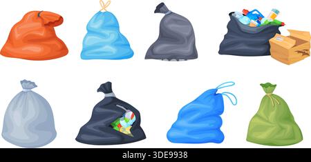 Sacs poubelle pour dessins animés. Sac poubelle en polyéthylène, sac en plastique déchiré plein débordé de sac à déchets pour le stockage séparé de la litière, icône set illustration vectorielle soignée illustration originale Illustration de Vecteur