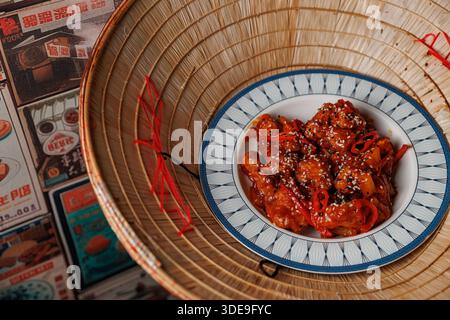 Un panier tissé contient un bol rempli de nourriture délicieuse aux couleurs vives et aux garnitures. La toile de fond comprend des menus de différents restaurants, Banque D'Images