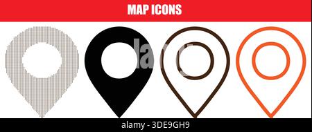 Collection polyvalente d'icônes d'épingles de carte, y compris une silhouette noire unie, un dessin de trait fin, un trait orange et des motifs de points demi-teintes uniques Illustration de Vecteur