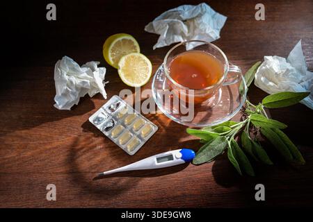 Traitements en saison du rhume et de la grippe, tisane, sauge, citron, pilules, thermomètre et quelques tissus utilisés sur une table en bois, focus sélectionné Banque D'Images