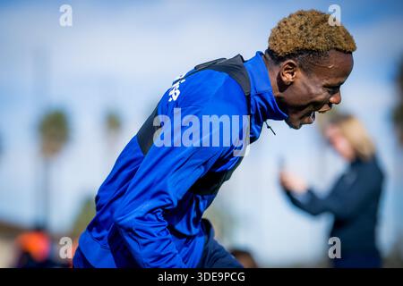 Oliva, Espagne. 06 janvier 2026. Gent's Hyllarion Goore célèbre lors du camp d'entraînement hivernal de l'équipe belge de football KAA Gent, à Oliva, Espagne, mardi 06 janvier 2026. BELGA PHOTO JASPER JACOBS crédit : Belga News Agency/Alamy Live News Banque D'Images
