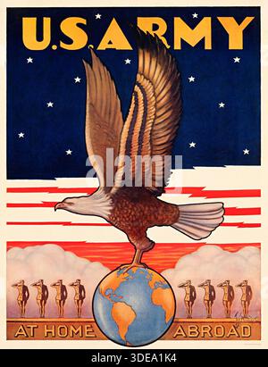 Affiche de propagande de la seconde Guerre mondiale (US Army, 1940). Affiche de recrutement – « U.S. Army - at Home - Abroad », œuvre de Tom Woodburn Banque D'Images