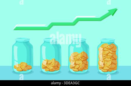 Pot d'argent. Des pots en verre remplis de pièces d'or, monnaie d'argent de concept d'investissement d'entreprise d'épargne d'argent pièce de croissance financière dans la banque de bouteille Grow Save stages, dessin animé illustration vectorielle soignée illustration originale Illustration de Vecteur