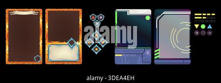 Carte a collectionner pour jeu. Cartoon tcg cartes Magic joueur de jeu modèle de conception de cadre d'or 2d Casual rpg personnages informations de taux de compétences ou rassemblement de jeu de société, illustration vectorielle chic illustration originale Illustration de Vecteur