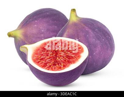 Figues fraîches violettes et moitié isolées. Fruit de figue et figue tranchée avec chemin de coupe. Banque D'Images