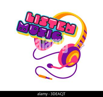 Écouter de la musique Y2K Groovy autocollant ou étiquette. Festival de musique Sound funky label, enregistrement de mélodie d'art musical Y2K rétro tag vectoriel. Patch audio radio ou autocollant avec casque et typographie funky Illustration de Vecteur