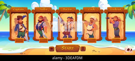 Personnages pirate Crew, cadres en bois d'interface de jeu, interface graphique vectorielle. Capitaine de bande dessinée, marin, cuisinier, médecin et guetteur corsaires en bois fenêtres d'option du menu de jeu de pirate au fond de l'île au trésor Illustration de Vecteur