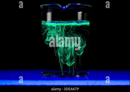 Dissolution et étalement d'une substance verte dans un flacon avec un liquide clair. Réaction chimique observée en laboratoire. Copyspace. Banque D'Images