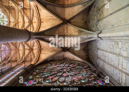 Fenêtre rose rayonnante de l'intérieur de la basilique Saint-Nazaire à Carcassonne Banque D'Images