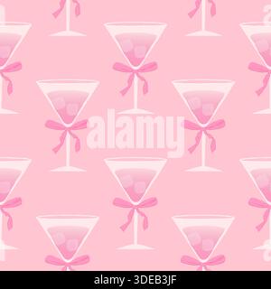Modèle sans couture avec cocktail et rubans sur fond rose. Éléments romantiques mignons sur fond rose. dessiné à la main Illustration de Vecteur