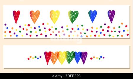 Bannières vectorielles horizontales avec des coeurs et des points dans les couleurs du drapeau de fierté, modèles LGBT colorés Illustration de Vecteur