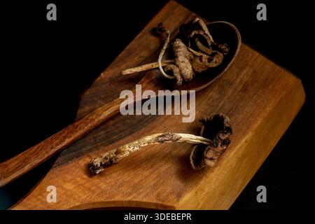 Champignons médicinaux séchés sur une planche de bois et une cuillère en bois. Plat, vue de dessus. concept des champignons médicaux. Photo sombre Banque D'Images