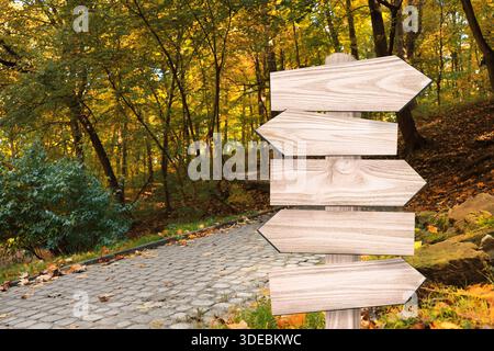Panneau de signalisation en bois avec des flèches pointant dans différentes directions dans le parc Banque D'Images
