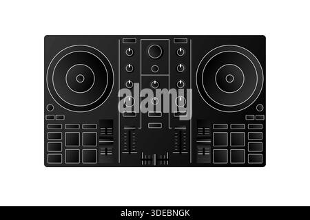 Un contrôleur DJ noir illustré dispose de deux pads, boutons élégants, faders, jog Wheels, et un design moderne sur fond blanc Banque D'Images