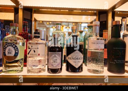 Une collection organisée de bouteilles de gin artisanales haut de gamme et en petits lots, élégamment exposées sur une étagère de bar. Banque D'Images