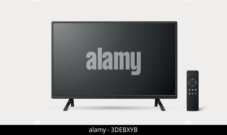 Vector 3d réaliste écran de télévision noir, isolé. Smart TV Screen avec télécommande. Modèle de conception de téléviseur vierge, vue avant Illustration de Vecteur